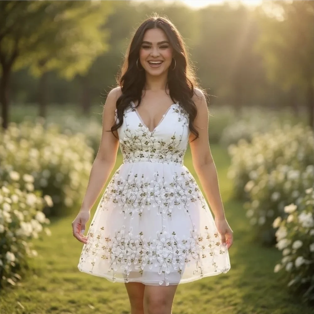 Fashion Nova ✦ Floral Embroidered Mini Dress ✦ Off‑White V‑Neck Adjustable L NWT - Picture 5 of 10